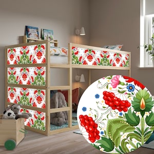 Decals for IKEA Kura Bed Floral Pattern in Ukrainian Folk Ethnic Style/ Vinyl Decals for Kid&#39;s Bed Panels/ Kura Bed Removable Decals