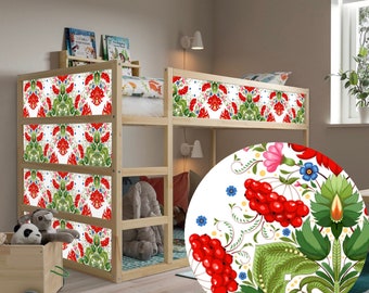 Décalcomanies pour lit IKEA Kura, motif floral de style ukrainien/autocollants de meubles/autocollants en vinyle pour panneaux de lit d'enfant/autocollants amovibles de lit Kura