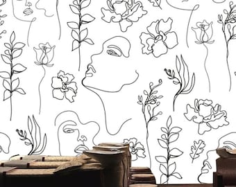 Papel tapiz de arte lineal con rostro femenino y flores, papel tapiz de rostro en blanco y negro, papel tapiz de contorno floral abstracto, mural de rostros en blanco y negro