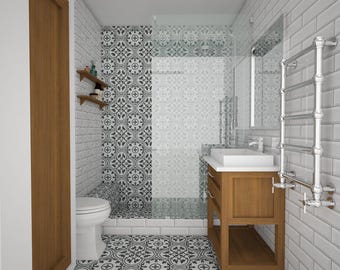 May include: A small bathroom with white subway tile walls, a shower with a glass door, and a wooden vanity with a white porcelain sink. The floor is tiled in a black and white geometric pattern.