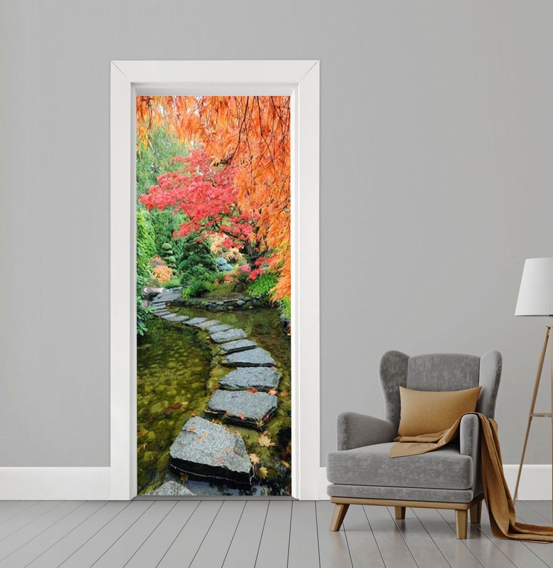 Door Wall Sticker Autumn in Japanese Garden/Japanese Garden Wall Decal Mural/Door Decal Japanese/Japanese Garden Decor/Asian Landscape Decal