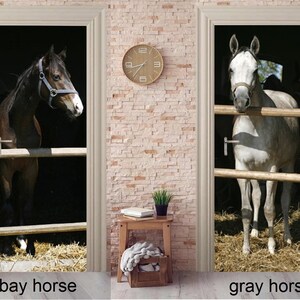 Door Wall Sticker Bay Horse in the Stall/ Gray Horse in the Stall/Horse in Stall Wall Decal/Horse Door Mural Peel and Stick/Horse Mural Door