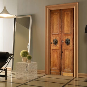 Door Wall Sticker Old Wood Door/Door with a Lion Head Knocker / Door Mural/Rustic Wood Door Decal Sticker Mural/ Doors Decals Peel and Stick