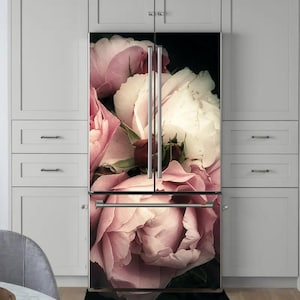 Fridge Wrap Beautiful Bouquet of Pink Roses/ Flowers on Black Background/ Flower Fridge Decal/ Vintage Floral Print/Side-by-side Fridge Wrap