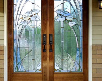 Door Wall Sticker *Modern Stained Glass Window*/ Stained Glass Window Decal/ Stained Glass Door Window Film with Calla Lily