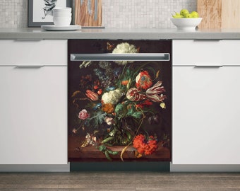 May include: A dishwasher with a floral design featuring a vase of red, white, and pink flowers. The flowers are arranged in a vase with a green stem and are surrounded by green leaves. The background is a dark brown color.