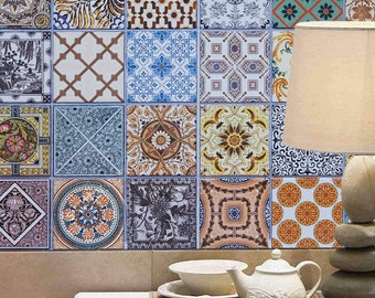 May include: A wall covered in colorful patterned tiles with a white teapot and a white bowl on a table in front of the wall.