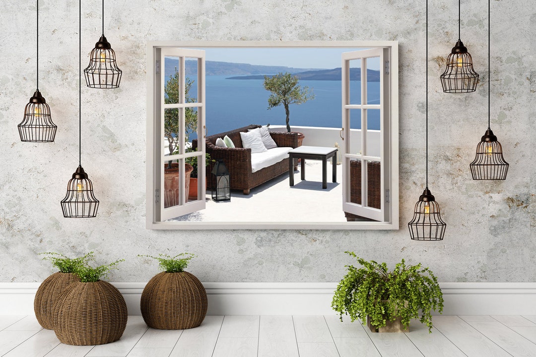 3D Wall Sticker Window terrace With Sea View / Santorini Wall Decals