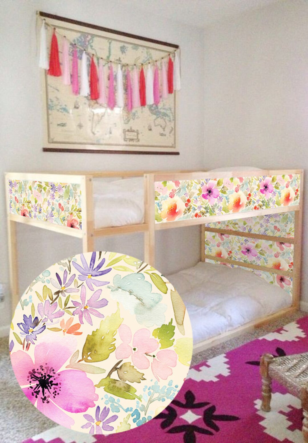 Decals for Kura Bed, Ikea, Cute Pattern With Watercolor Flowers ...