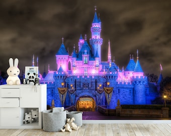Mural de parede Castelo da Princesa das Fadas / Papel de parede adesivo de castelo / Mural de vinil para quarto infantil / Castelo da Bela Adormecida / Adesivo de castelo mágico