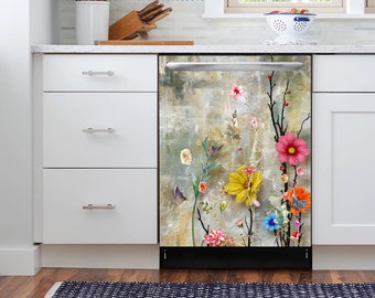 May include: A stainless steel dishwasher with a floral design on the front. The design features a variety of flowers in shades of pink, yellow, blue, and orange, as well as green leaves and branches. The dishwasher is installed in a white kitchen.