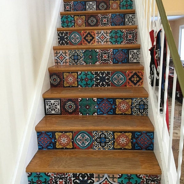 Stair Riser Decals/Vinyl Stickers "Mexican Talavera Tiles-2"/ Talavera Sticker Tile/Bathroom Backsplash/ Floor/Removable Peel & Stick Tile