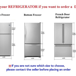 Puede incluir: Un diagrama instructivo titulado HOW to MEASURE your REFRIGERATOR if you want to order a DOOR STICKER only. Muestra cinco estilos de refrigeradores con l&iacute;neas de dimensi&oacute;n que indican el ancho, la altura total, la altura del refrigerador y del congelador.