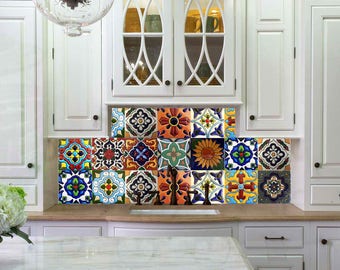 Vinyl Stickers Mexican Talavera Tiles-3/ Mexican Tile Stickers/ Peel and Stick Backsplash /Floor Tile/ Talavera Peel and Stick Tile