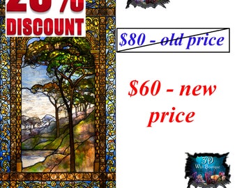 SALE!!! -25%!!! Door Vinyl Sticker Tiffany - Landscape Window / Laminated Glossy / 36" × 80" /Self-Adhesive Vinyl Stained Glass Sticker