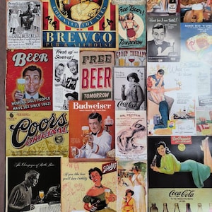 Puede incluir: Un collage de anuncios de estilo vintage con varias marcas de bebidas, incluyendo Budweiser, Coors, Dr. Pepper y Coca-Cola. La colecci&oacute;n muestra ilustraciones retro de personas, vasos de cerveza y botellas con textos como Free Beer Tomorrow.