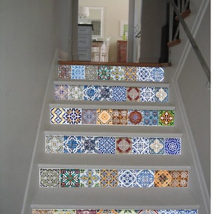 Stair Riser Decals /Vinyl Stickers Traditional Portuguese Morocco Tiles / Peel and Stick Backsplash Kitchen / Removable Peel and Stick Tile