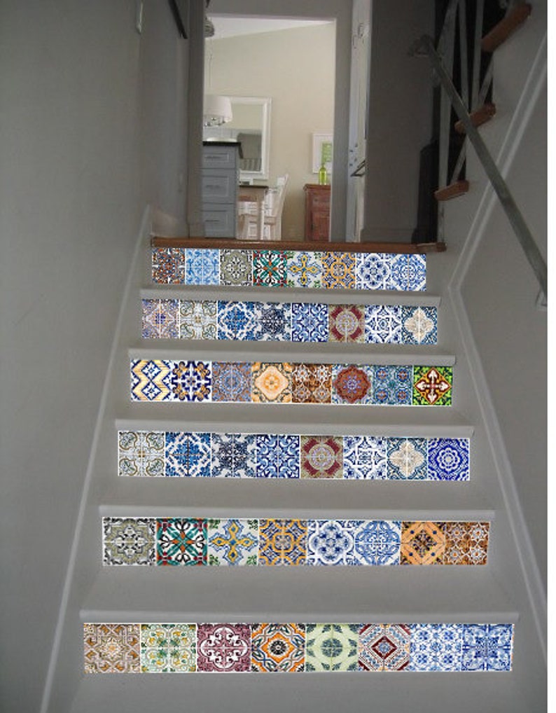 Stair Riser Decals /Vinyl Stickers Traditional Portuguese Morocco Tiles / Peel and Stick Backsplash Kitchen / Removable Peel and Stick Tile