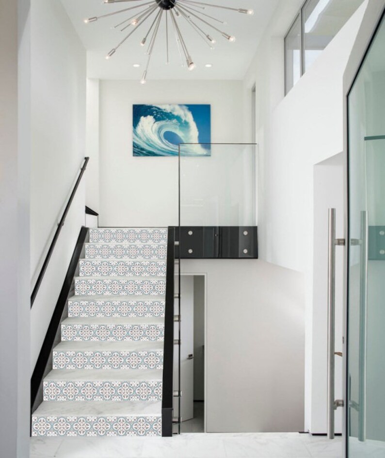 Stair Riser Decal/Vinyl Tile Stickers *Artistic Blue*/ Set 12/24/36 pcs/ Peel and Stick Backsplash/ Vinyl Floor/Removable Peel & Stick Tiles