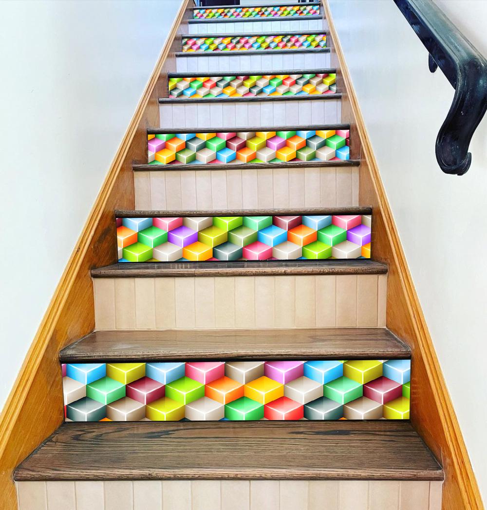 Stair Riser Panels Bright Geometric Pattern/ Vinyl Mosaic of Colored ...