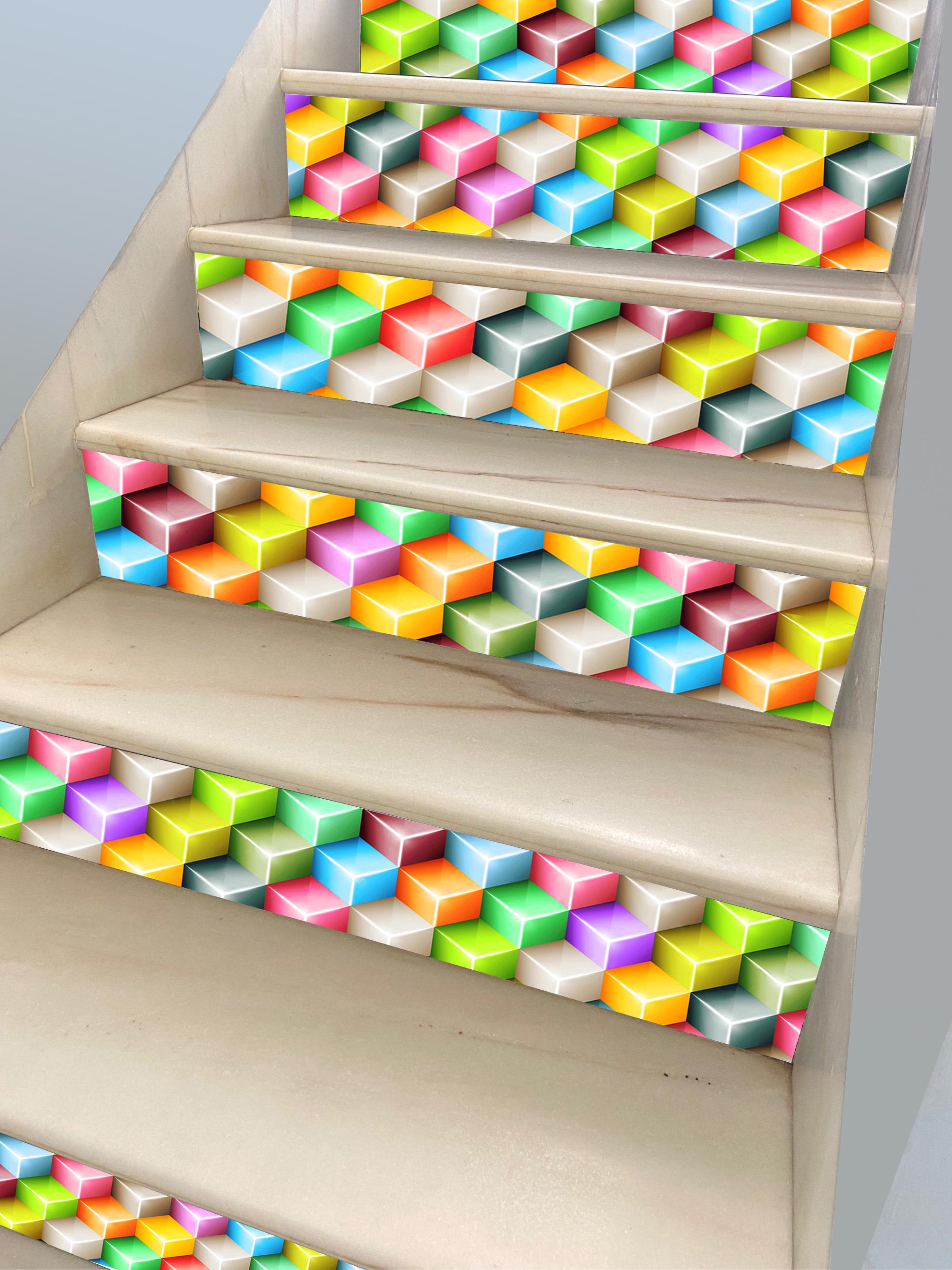 Stair Riser Panels Bright Geometric Pattern/ Vinyl Mosaic of Colored ...