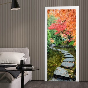 Door Wall Sticker Autumn in Japanese Garden/Japanese Garden Wall Decal Mural/Door Decal Japanese/Japanese Garden Decor/Asian Landscape Decal