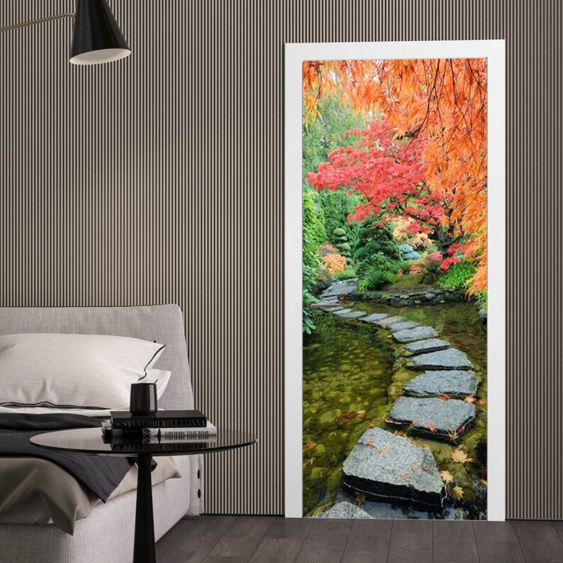 Door Wall Sticker Autumn in Japanese Garden/Japanese Garden Wall Decal Mural/Door Decal Japanese/Japanese Garden Decor/Asian Landscape Decal