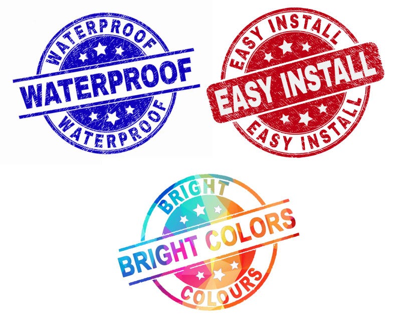 May include: Three distressed grunge rubber stamps with text. The blue stamp says "Waterproof" with stars. The red stamp says "Easy Install" with stars. The rainbow stamp says "Bright Colors" with stars.