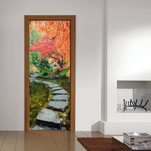 Door Wall Sticker Autumn in Japanese Garden / Japanese Garden Wall Decal / Self-Adhesive Wallpaper Sticker Decal / Japanese Garden Decor