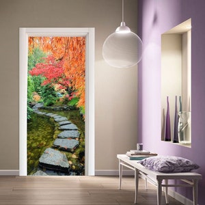 Door Wall Sticker Autumn in Japanese Garden/Japanese Garden Wall Decal Mural/Door Decal Japanese/Japanese Garden Decor/Asian Landscape Decal