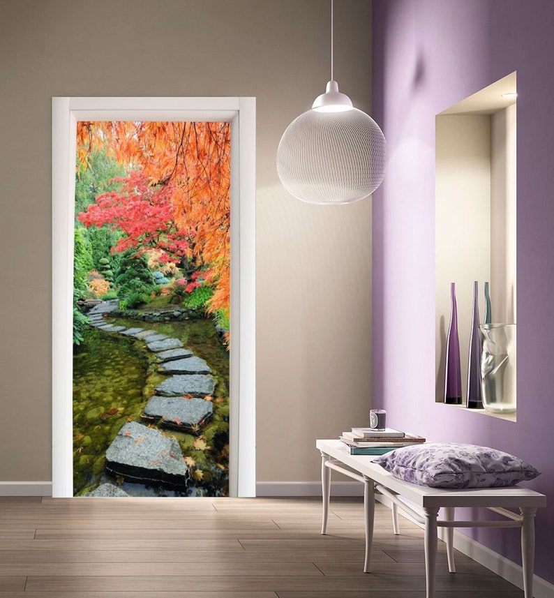 Door Wall Sticker Autumn in Japanese Garden/Japanese Garden Wall Decal Mural/Door Decal Japanese/Japanese Garden Decor/Asian Landscape Decal
