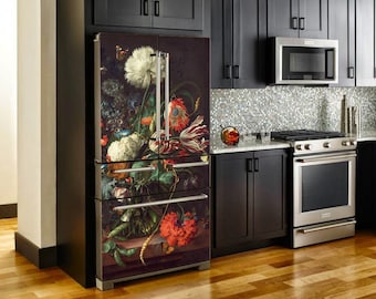 May include: A multi-door refrigerator featuring a dark, moody floral still life print on its exterior panels. The artwork displays a vibrant bouquet of white, red, and orange flowers, green foliage, and small butterflies against a deep black background.