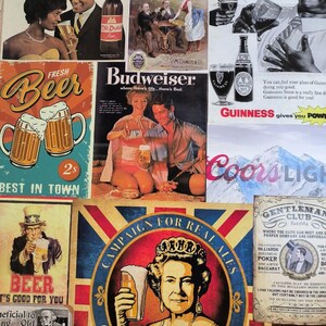 Puede incluir: Una colecci&oacute;n de carteles publicitarios de cerveza de estilo vintage con varias marcas como Old Dutch, Jos Schlitz, Guinness, Budweiser y Coors Light, junto a un gr&aacute;fico de una reina sosteniendo un vaso de cerveza con el texto Campaign for Real Ales.