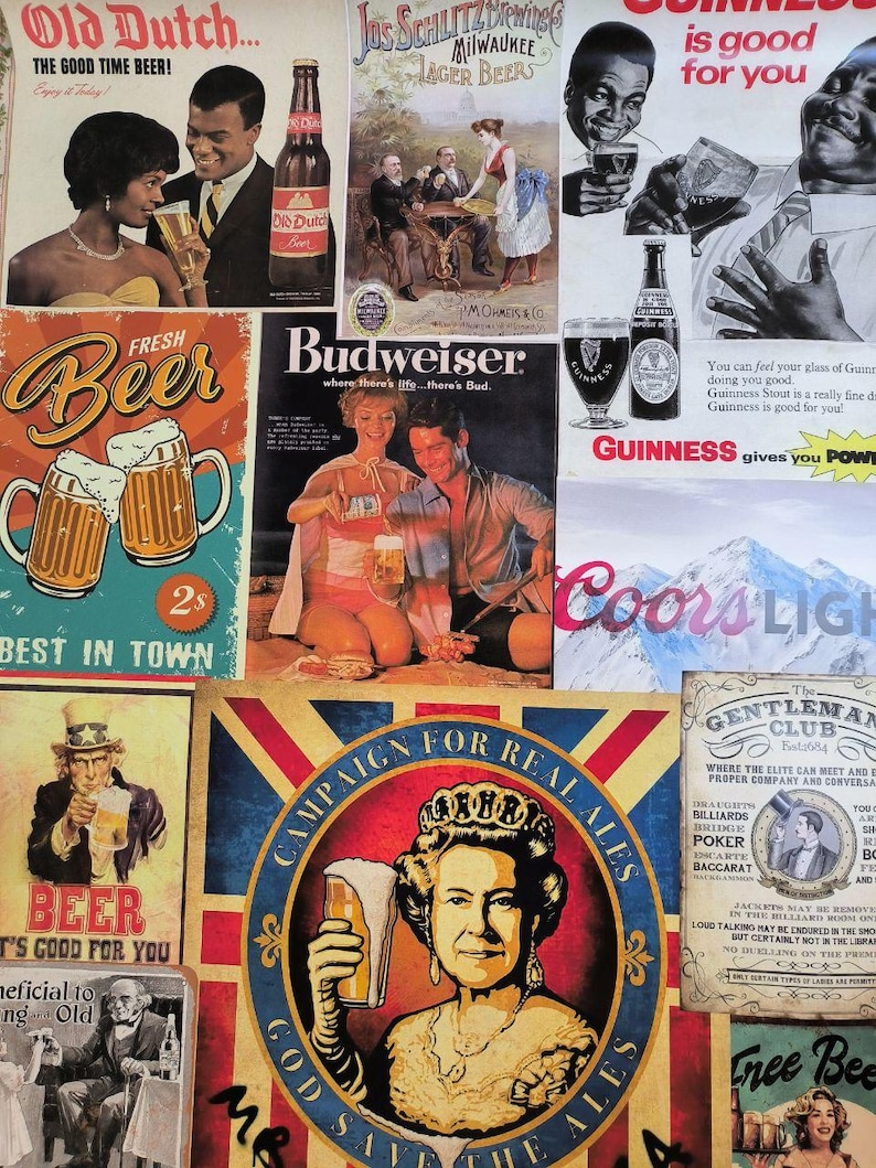Puede incluir: Una colecci&oacute;n de carteles publicitarios de cerveza de estilo vintage con varias marcas como Old Dutch, Jos Schlitz, Guinness, Budweiser y Coors Light, junto a un gr&aacute;fico de una reina sosteniendo un vaso de cerveza con el texto Campaign for Real Ales.