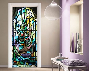 Door Wall Sticker *Stained Glass Window "I am the Life"* / Glass Door Window Vinyl Decal /Door Cover Stained Glass/ Stained Glass Door Mural