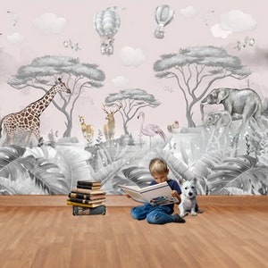 Wall Mural *Animals in the African Savannah*/ Watercolor Jiraffe /Children's World Map/ World Map for Children's Room/ Mural for Kids Room