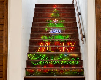 Stair Riser Stickers Neon Christmas Tree/ Christmas Stair Decoration/Adhesive Stair Riser Panel/ Christmas Stair Riser Vinyl Decal Wallpaper