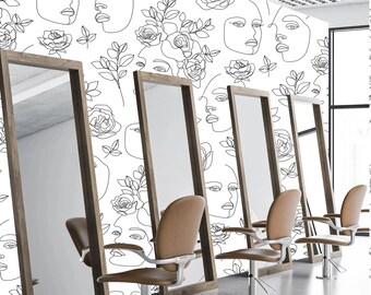 Papel pintado con líneas en blanco y negro de rostros de mujeres/Papel pintado despegable y adhesivo/Papel pintado para salón de belleza/Papel pintado en rollo/Papel pintado con rostros femeninos