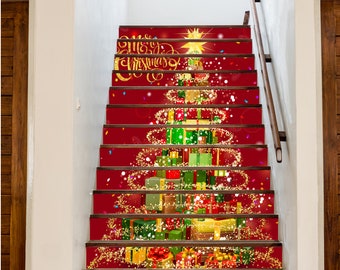 Christmas Tree with Lights/Christmas Decor /Stairway Decoration Adhesive Stair Riser Panel Stairs Risers Sticker Mural Photo Decal Wallpaper