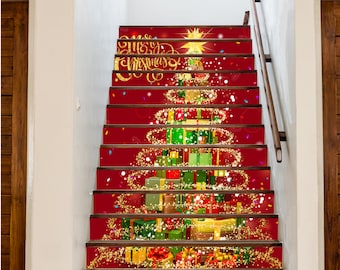 Christmas Tree with Lights/Christmas Decor /Christmas Stairs Decoration/ Adhesive Christmas Stair Riser Panel/ Christmas Stair Stickers