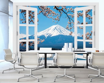 3D Wall Decal Window Mount Fuji with Cherry Blossom/Mount Fuji Wall Window Mural Sticker/Cherry Blossom Wallpaper/Cherry Blossom Wall Decal