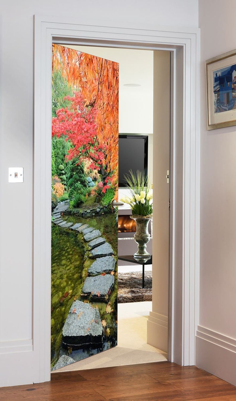 Door Wall Sticker Autumn in Japanese Garden/Japanese Garden Wall Decal Mural/Door Decal Japanese/Japanese Garden Decor/Asian Landscape Decal