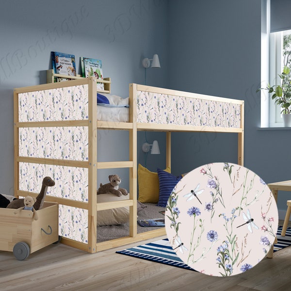 Décalcomanies pour lit Kura, Ikea, fleurs des prés avec libellule/autocollants de meubles/autocollants en vinyle pour panneaux de lit d'enfant/autocollants