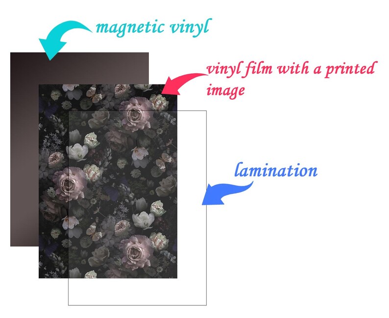 May include: A floral design printed on a vinyl film is laminated to a magnetic vinyl sheet. The design features a dark background with pink and white flowers.