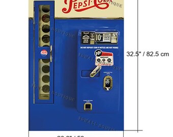 May include: Vintage Pepsi-Cola vending machine with blue and cream panels. The machine has a coin slot and a bottle dispenser. The dimensions are 20.8 inches wide and 32.5 inches tall. The machine has the Pepsi-Cola logo.