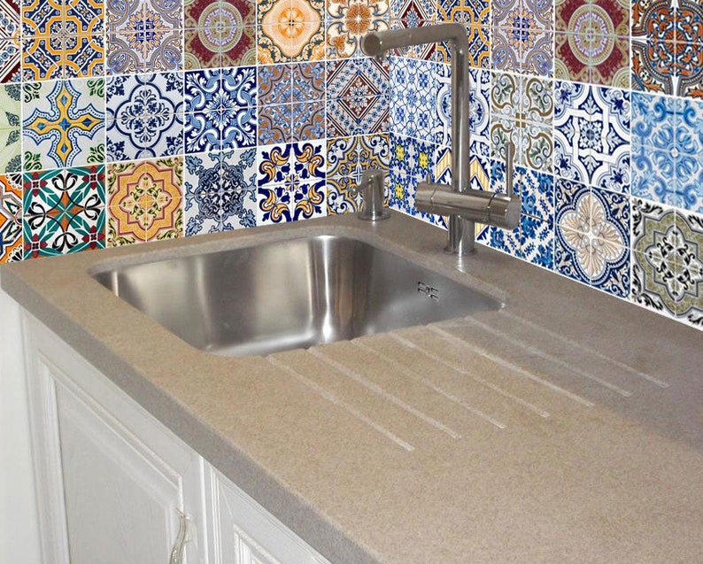 Stair Riser Decals /Vinyl Stickers Traditional Portuguese Morocco Tiles / Peel and Stick Backsplash Kitchen / Removable Peel and Stick Tile