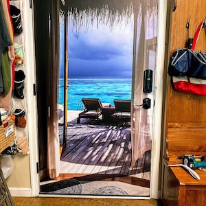 Door Wall Sticker Bungalow on the Water/ Sea Views Door Wall Sticker/ Summer Terrace View Wallpaper/ Self-Adhesive Door Mural Peel and Stick