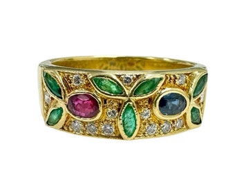 Vintage Le Vian 1 ctw Emerald Sapphire Ruby Diamond Band Ring 18k Yellow Gold