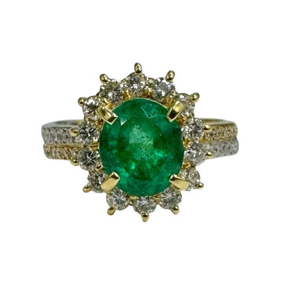 2 ctw Fine Natural Oval Emerald & Diamond Halo Cocktail Ring Platinum 18k Yellow Gold