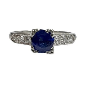 Estate 0.80 ct Genuine Royal Blue Sapphire Diamond Engagement Ring 14k White Gold